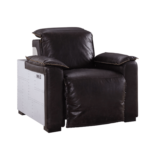 Misezon Top-Grain Leather Aluminum Power Recliner – Industrial Aviator Lounge Chair in dark brown leather and aluminum.