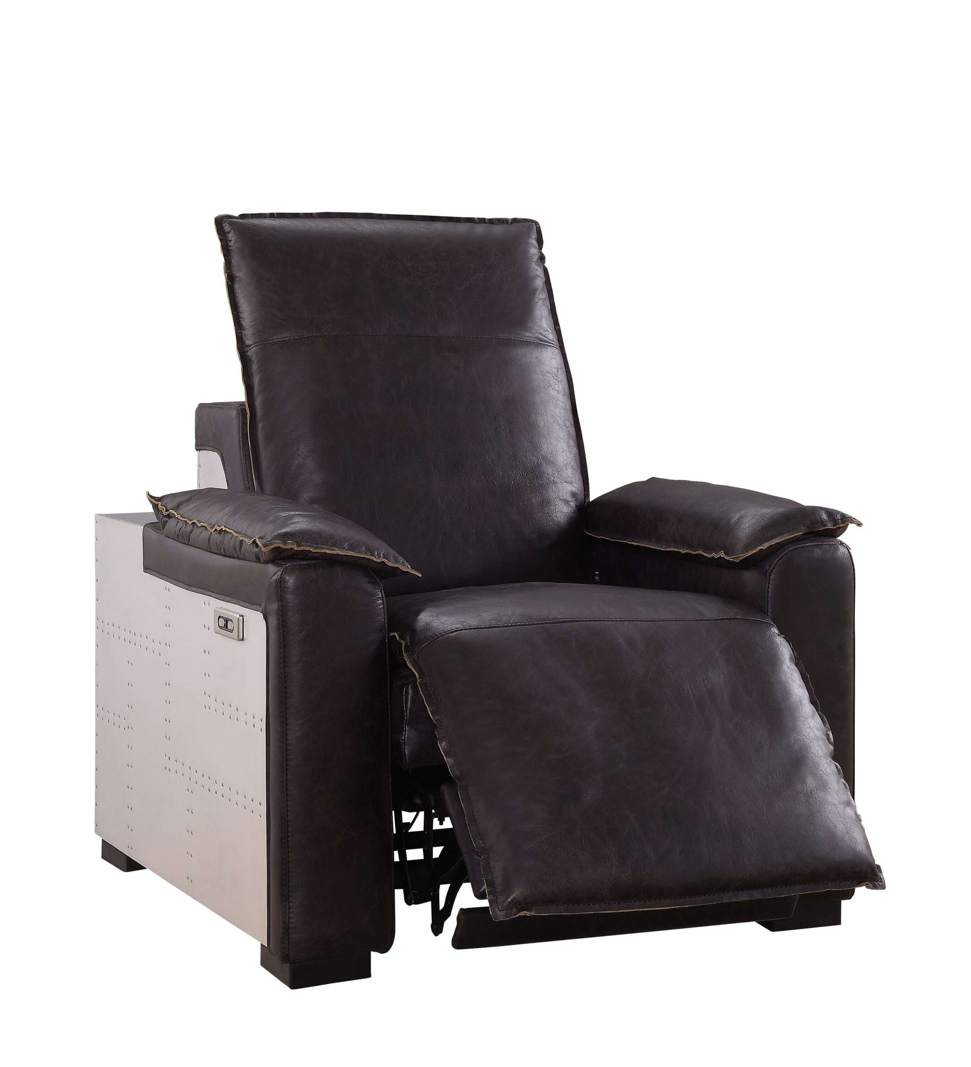 Misezon Top-Grain Leather Aluminum Power Recliner – Industrial Aviator Lounge Chair featuring rich leather and polished aluminum.