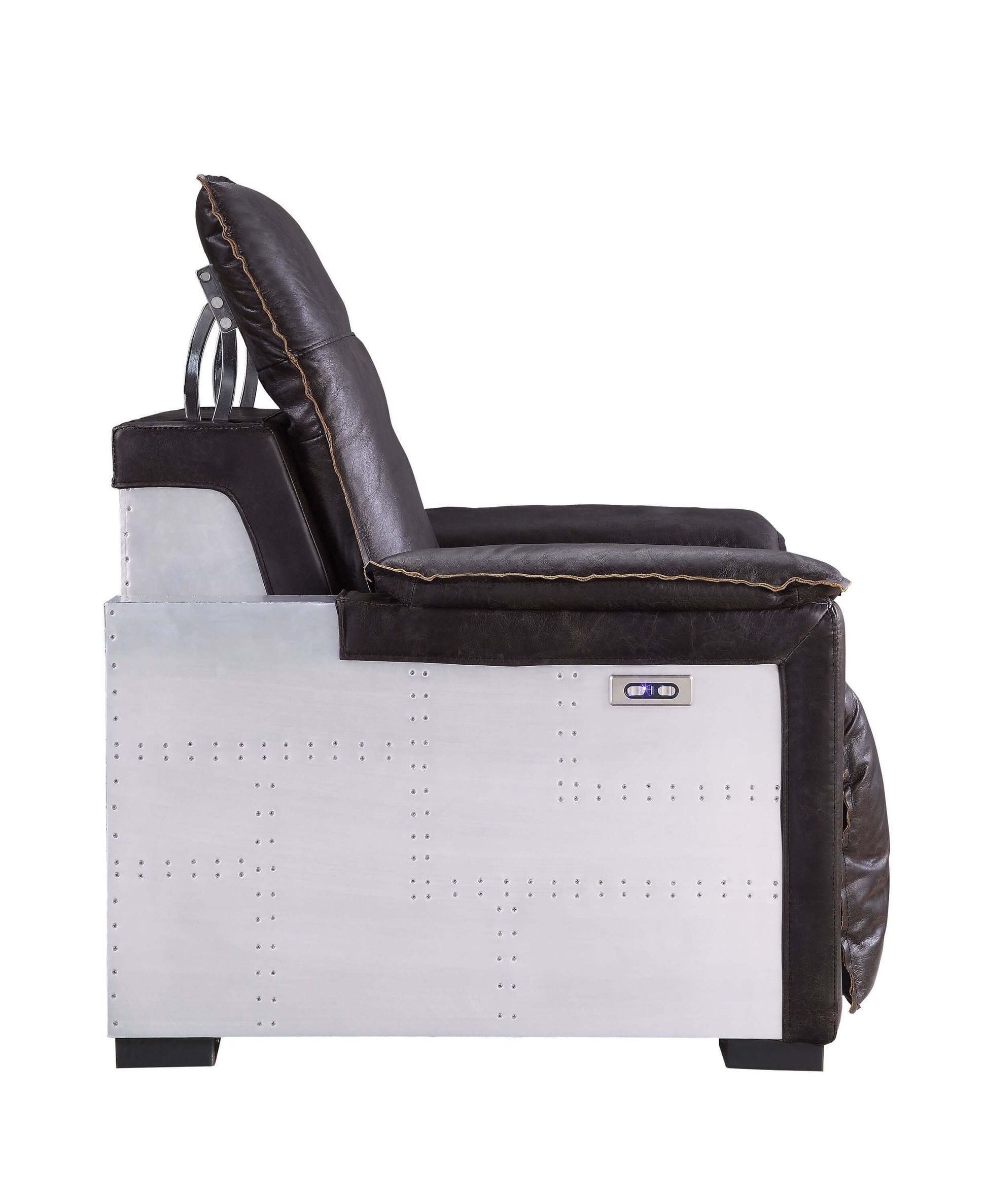 Misezon Top-Grain Leather Aluminum Power Recliner – Industrial Aviator Lounge Chair showcasing side view with sleek aluminum panel.