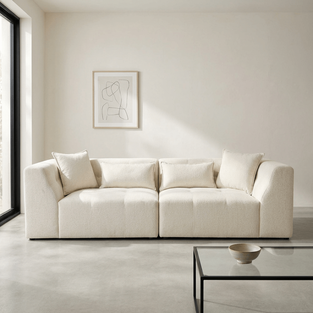 Jefferson 98" Modern Beige Chenille Sofa with Tuxedo Arms & Accent Pillows in a contemporary living room setting.