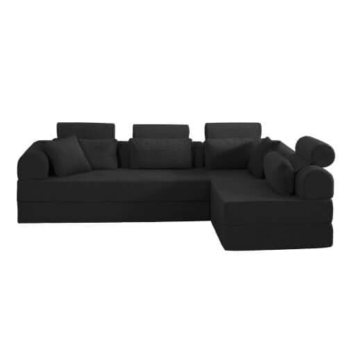 Modern Corduroy Sleeper Sectional – L-Shape Modular Sofa Bed (106” Convertible Couch) in sleek black design.