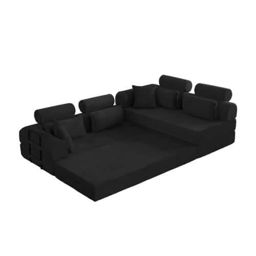Modern Corduroy Sleeper Sectional – L-Shape Modular Sofa Bed (106” Convertible Couch) in black fabric with cushions.