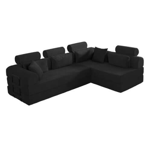 Modern Corduroy Sleeper Sectional – L-Shape Modular Sofa Bed (106” Convertible Couch) in sleek black design.