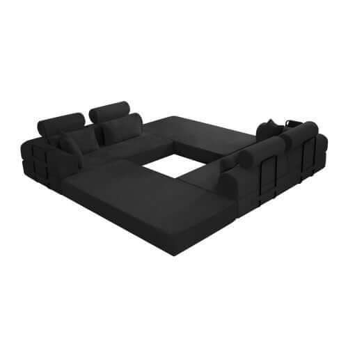 Modern Corduroy Sleeper Sectional – L-Shape Modular Sofa Bed (106” Convertible Couch) in sleek black fabric.