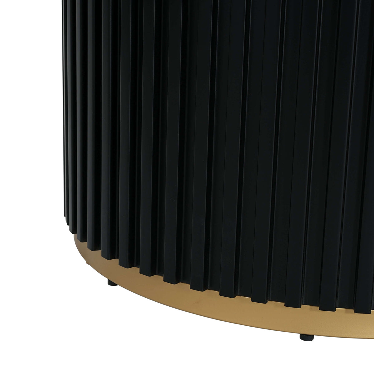 Round Pedestal Dining Table – 47.25” Modern Round Dining Table (3 Colors) with black ribbed design and gold base.