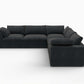 Black modular L shaped five piece corner sectional with plush cushions and removable covers.