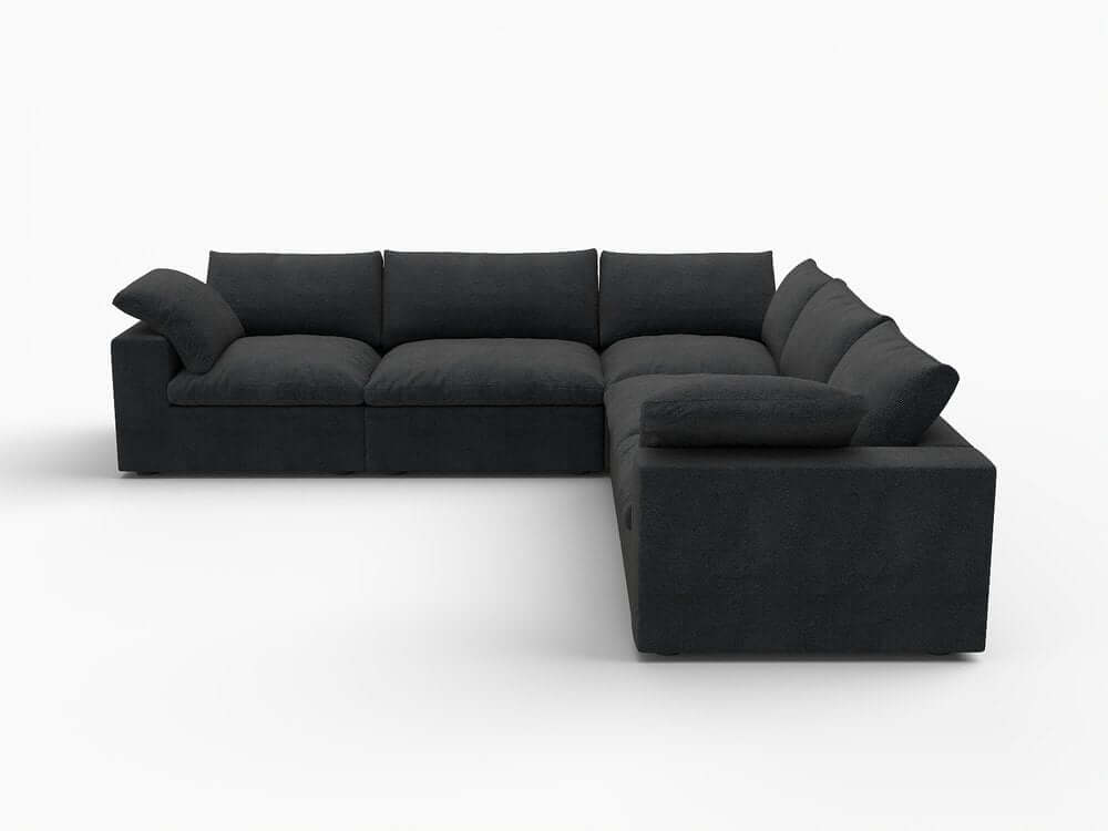 Black modular L shaped five piece corner sectional with plush cushions and removable covers.