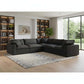 White Linen Blend Modular L Shaped Five Piece Corner Sectional in a modern living room setting with shelves and windows.