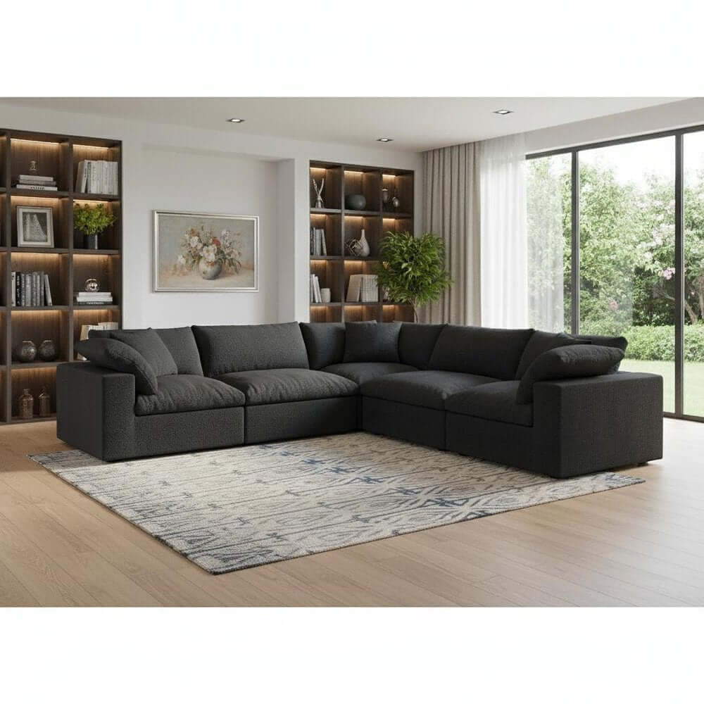 White Linen Blend Modular L Shaped Five Piece Corner Sectional in a modern living room setting with shelves and windows.