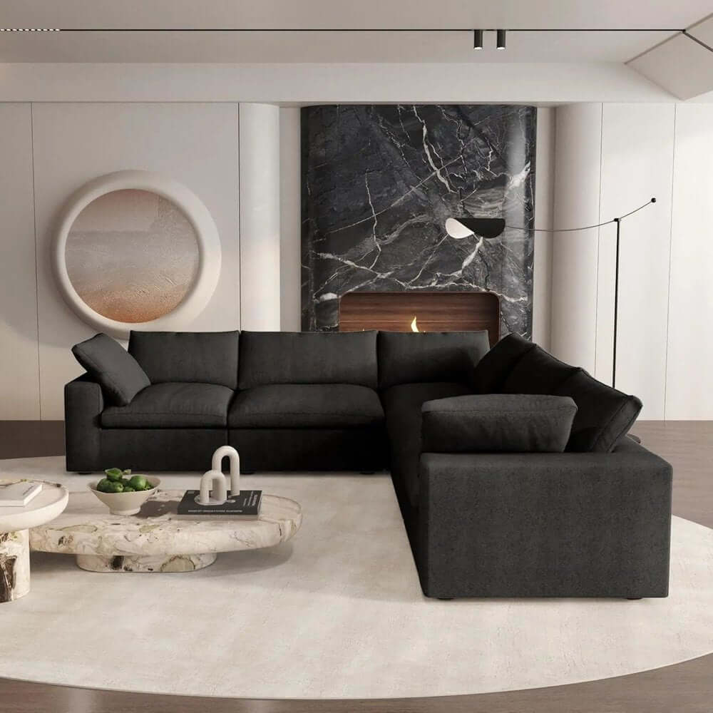 White Linen Blend Modular L Shaped Five Piece Corner Sectional in modern living room setting.