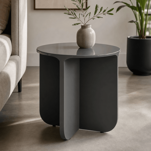 Lamond Teal High Gloss End Table – 20” Modern Side Table in modern living room with vase and plant.