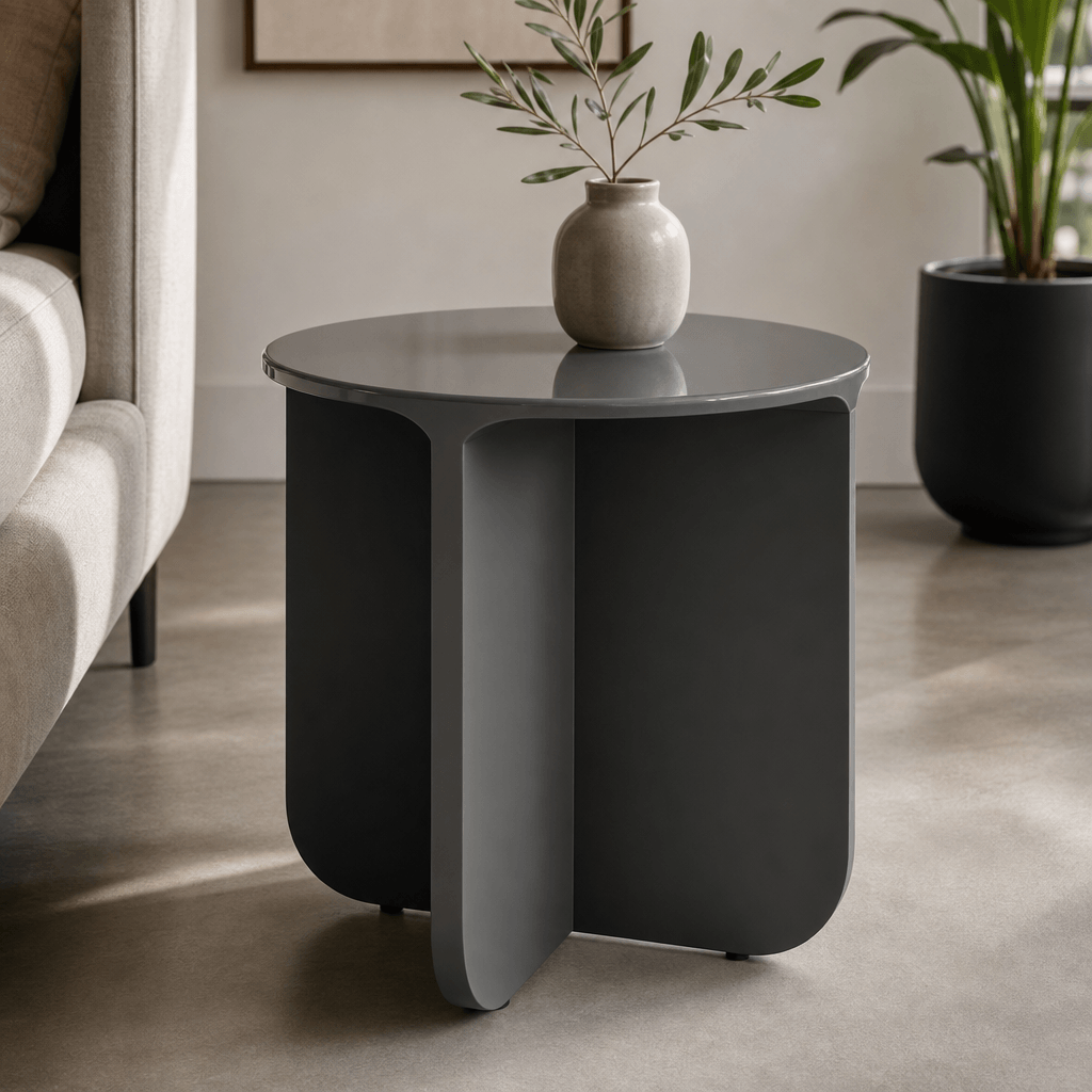 Lamond Teal High Gloss End Table – 20” Modern Side Table in modern living room with vase and plant.