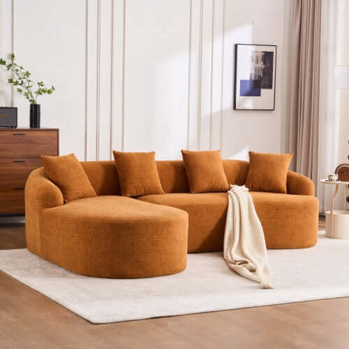 Boneless Modular Chenille Sectional Sofa – 99” Curved Chaise Compression Couch (White) with soft orange upholstery.