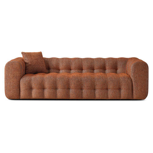 The Ashcroft Furniture Eden Modern Boucle Bubble Sofa 90 features textured rust-orange upholstery, tufted design, wide armrests, a low back, and comes with a matching square pillow on the left side.