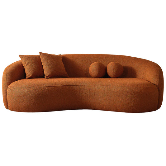 Modern Boucle Upholstered Curved Japandi Sofa 89” – Sculptural Minimalist Couch in warm orange fabric.