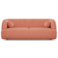 The Anna Boucle Fabric Upholstered Sofa 87 by Ashcroft Furniture features a modern, minimalist design in dusty pink with rounded edges, two matching round cushions, a low back, and a sleek silhouette for contemporary elegance.