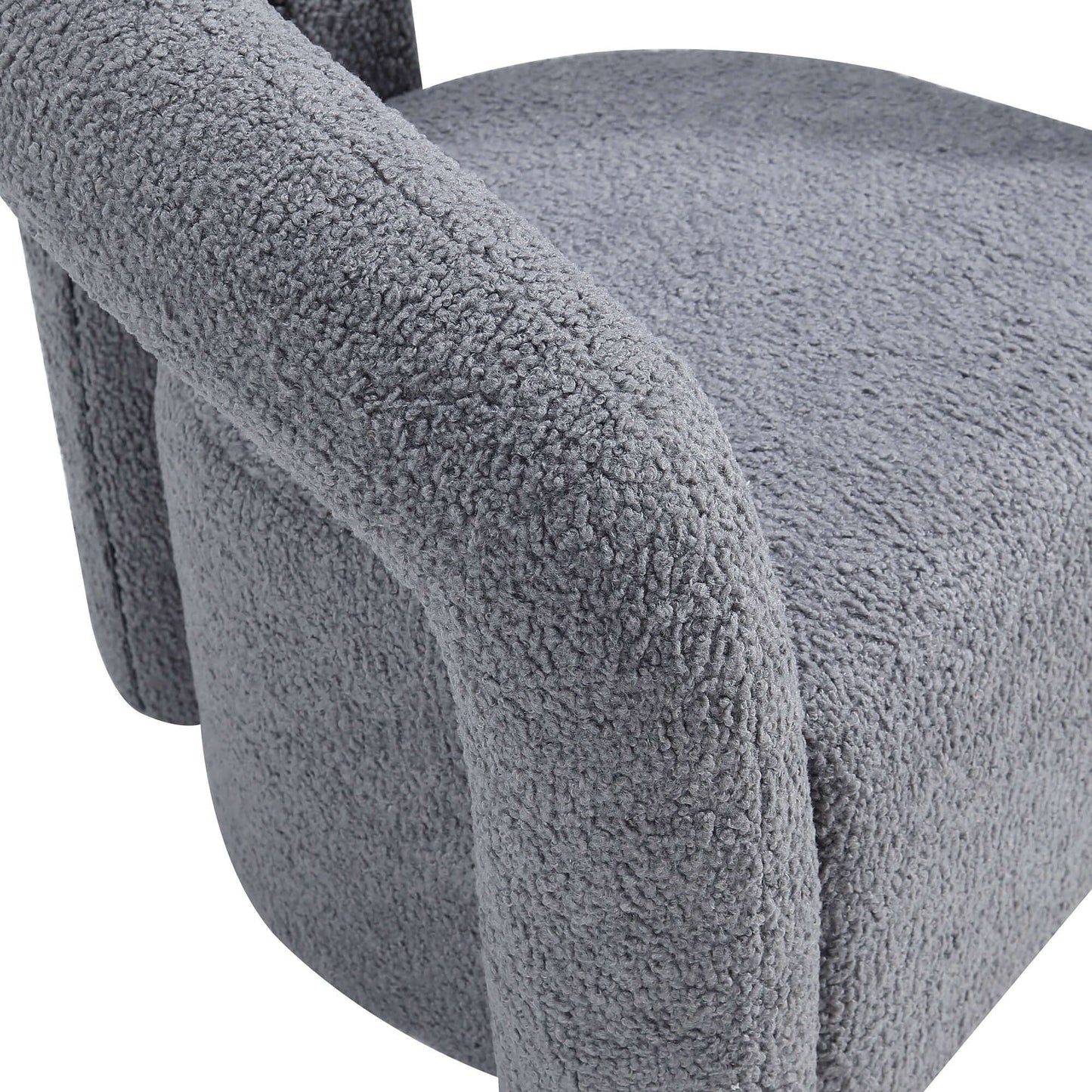 Modern Boucle Lounge Chair – Upholstered Accent Chair with Pine Wood Frame (3 Colors) in gray boucle fabric.