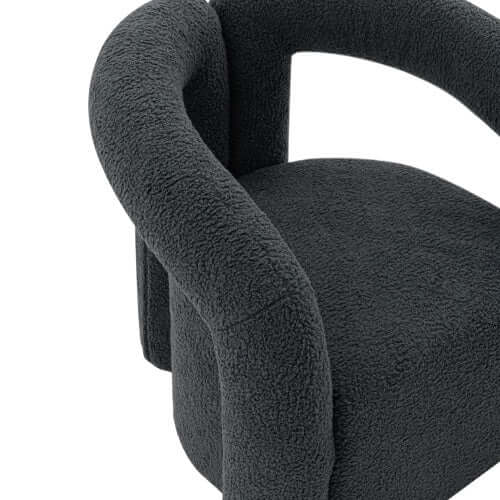 Modern Boucle Lounge Chair – Upholstered Accent Chair with Pine Wood Frame (3 Colors) in dark boucle fabric.