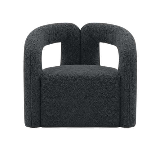 Modern Boucle Lounge Chair – Upholstered Accent Chair with Pine Wood Frame (3 Colors) in dark boucle upholstery.