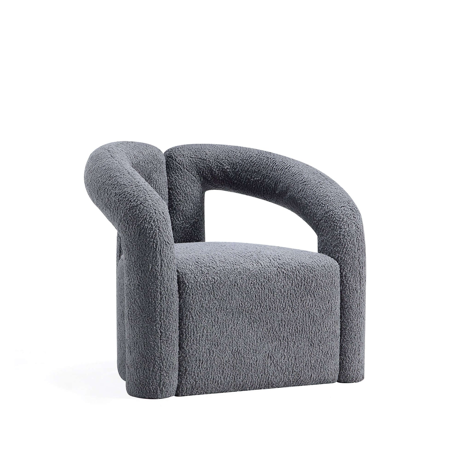 Modern Boucle Lounge Chair – Upholstered Accent Chair with Pine Wood Frame (3 Colors) in soft grey boucle upholstery.