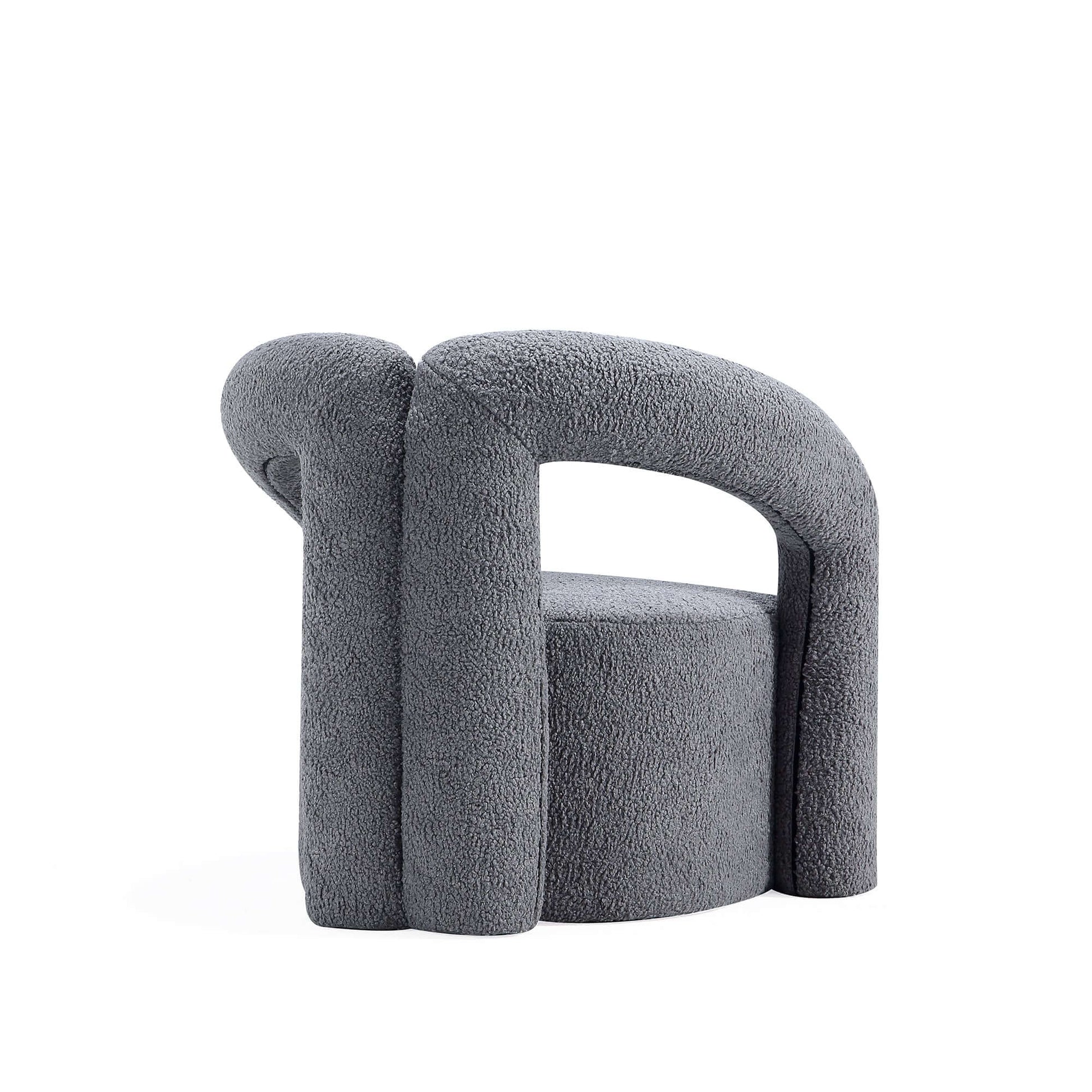 Modern Boucle Lounge Chair – Upholstered Accent Chair with Pine Wood Frame (3 Colors) in soft grey upholstery.