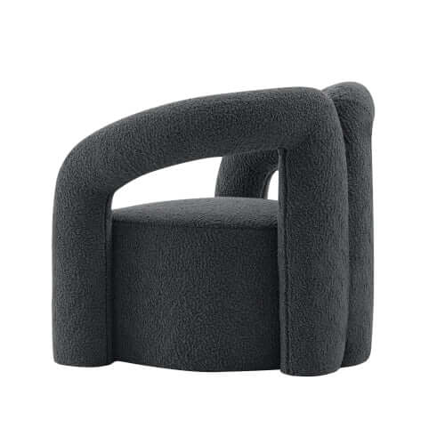 Modern Boucle Lounge Chair – Upholstered Accent Chair with Pine Wood Frame (3 Colors) in dark boucle upholstery.