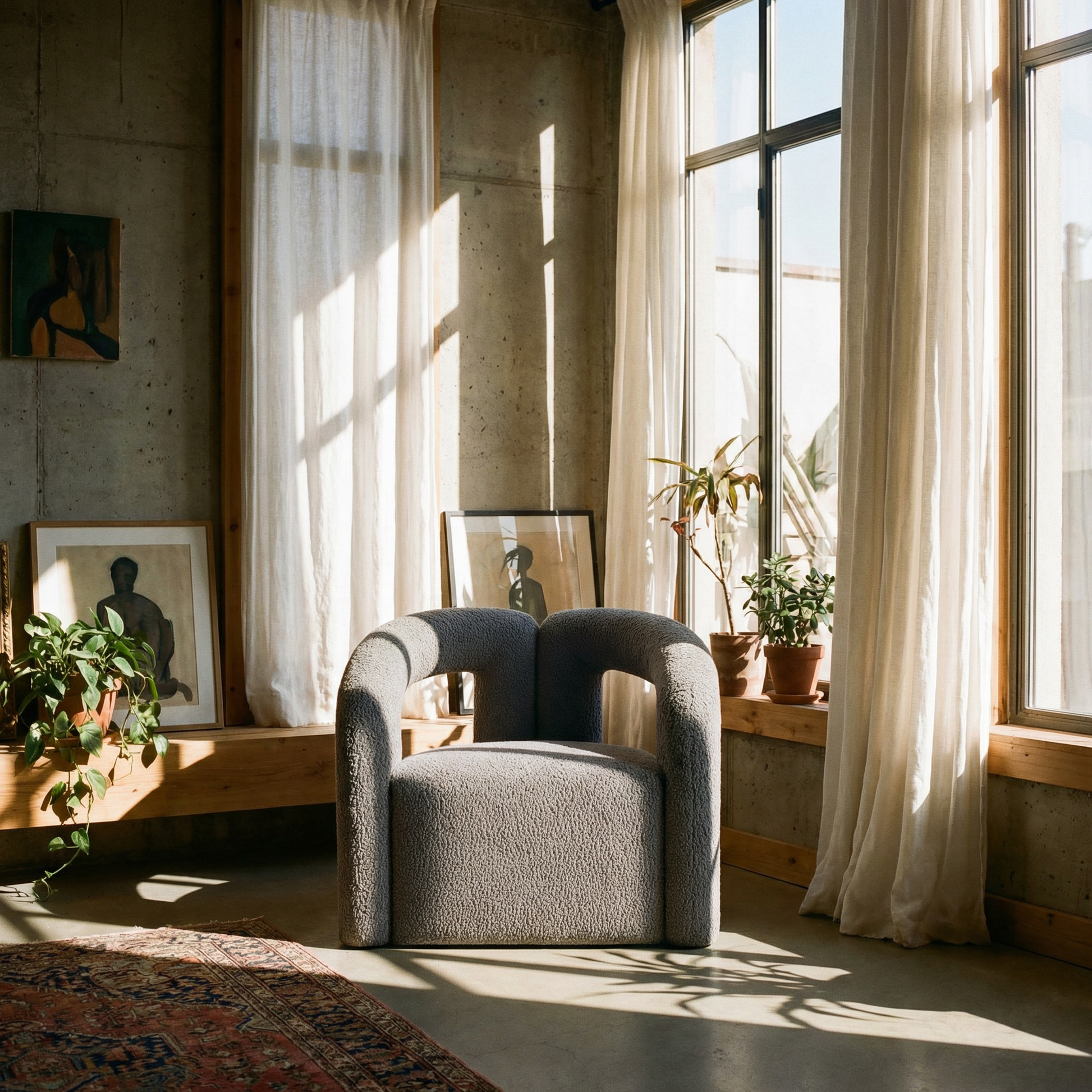 Modern Boucle Lounge Chair – Upholstered Accent Chair with Pine Wood Frame (3 Colors) in a sunlit room.