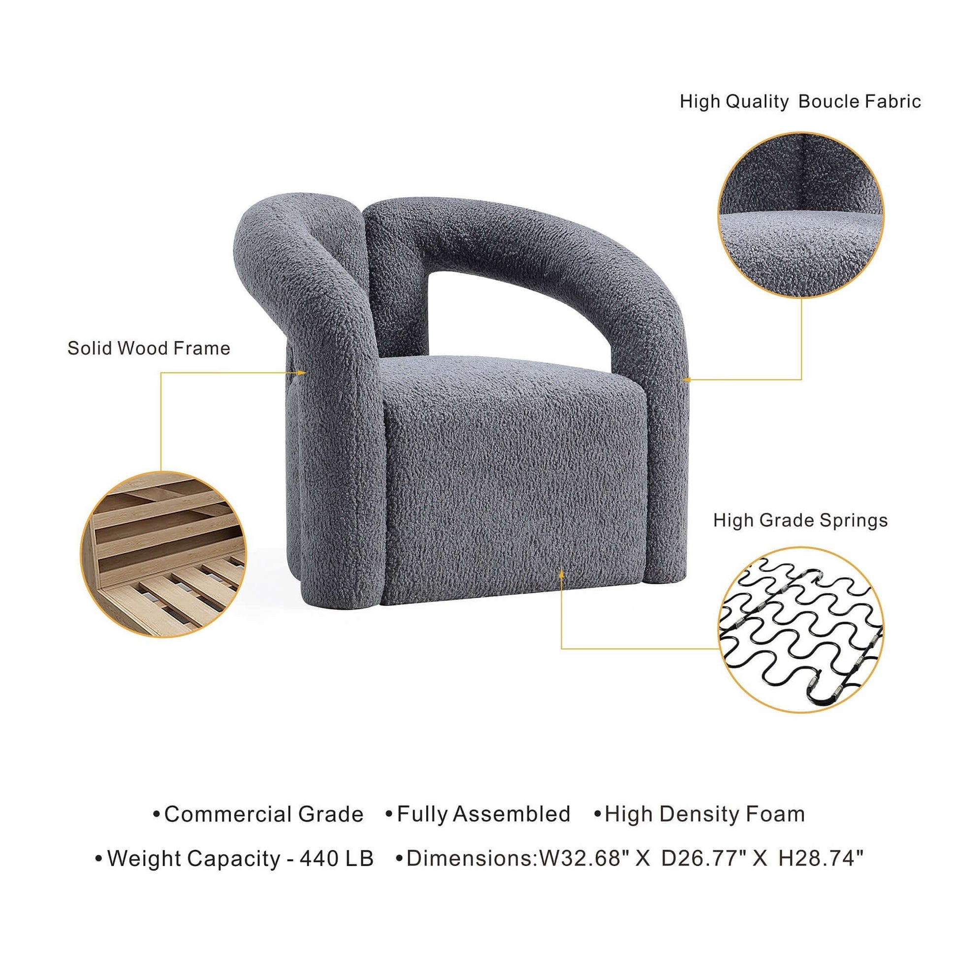 Modern Boucle Lounge Chair – Upholstered Accent Chair with Pine Wood Frame (3 Colors) showcasing its features and design.