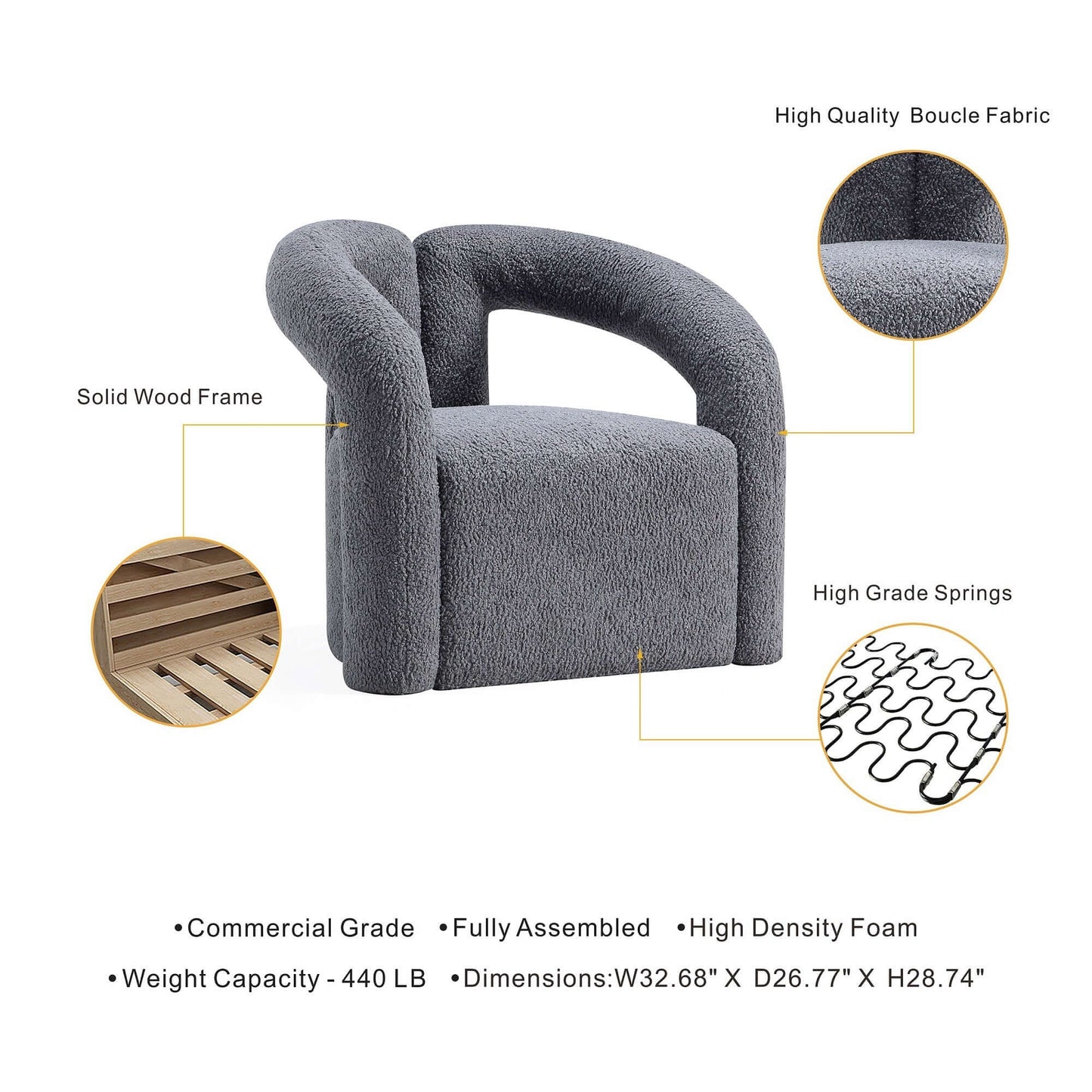 Modern Boucle Lounge Chair – Upholstered Accent Chair with Pine Wood Frame (3 Colors) showcasing its features and design.