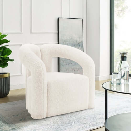 Modern Boucle Lounge Chair – Upholstered Accent Chair with Pine Wood Frame (3 Colors) in a bright room.