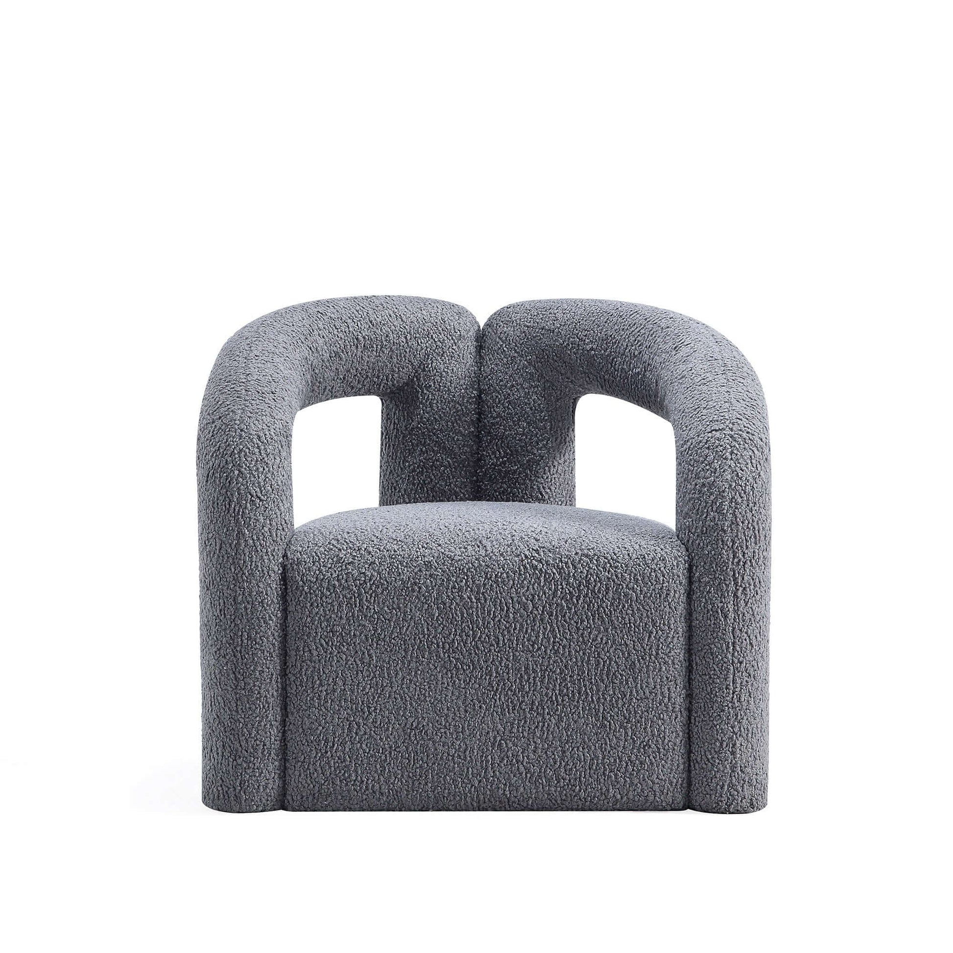 Modern Boucle Lounge Chair – Upholstered Accent Chair with Pine Wood Frame (3 Colors) in gray boucle upholstery.