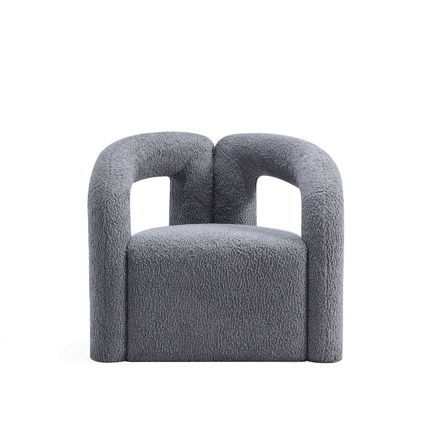 Modern Boucle Lounge Chair – Upholstered Accent Chair with Pine Wood Frame (3 Colors) in gray boucle upholstery.