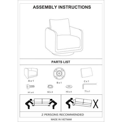 Assembly instructions for Modern Boucle Sherpa Swivel Accent Chair – Upholstered Lounge Chair (Beige) with parts list.