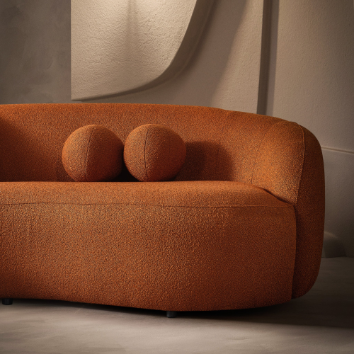 Modern Boucle Upholstered Curved Japandi Sofa 89” – Sculptural Minimalist Couch with soft boucle fabric and decorative pillows.