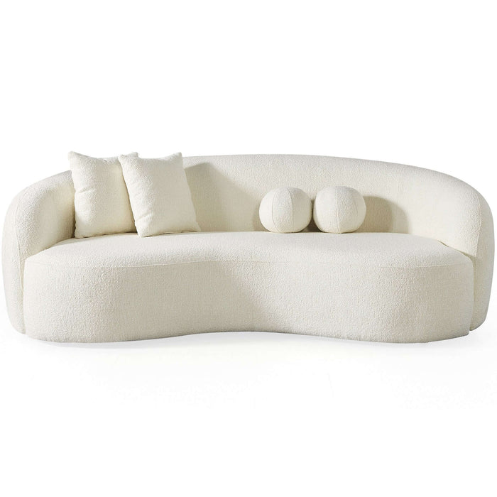 Modern Boucle Upholstered Curved Japandi Sofa 89” – Sculptural Minimalist Couch in soft white boucle fabric.