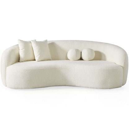 Modern Boucle Upholstered Curved Japandi Sofa 89” – Sculptural Minimalist Couch in soft white boucle fabric.
