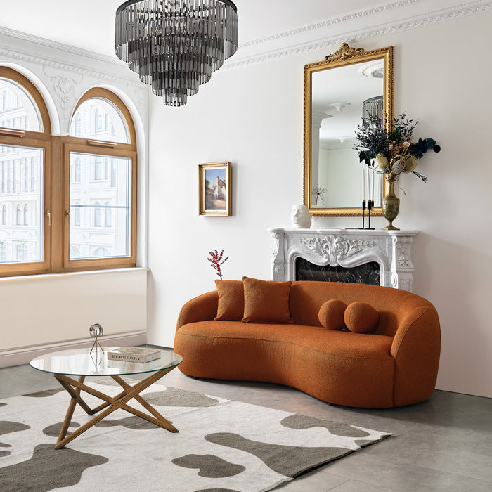 Modern Boucle Upholstered Curved Japandi Sofa 89” – Sculptural Minimalist Couch in a serene living room setting.