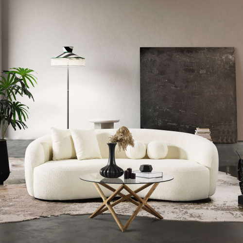 Modern Boucle Upholstered Curved Japandi Sofa 89” – Sculptural Minimalist Couch in a stylish living room setting.