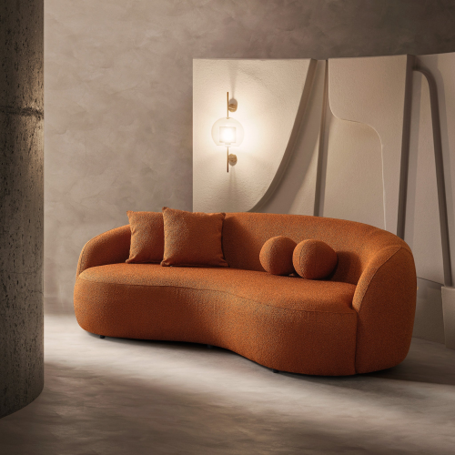 Modern Boucle Upholstered Curved Japandi Sofa 89” – Sculptural Minimalist Couch in orange fabric.
