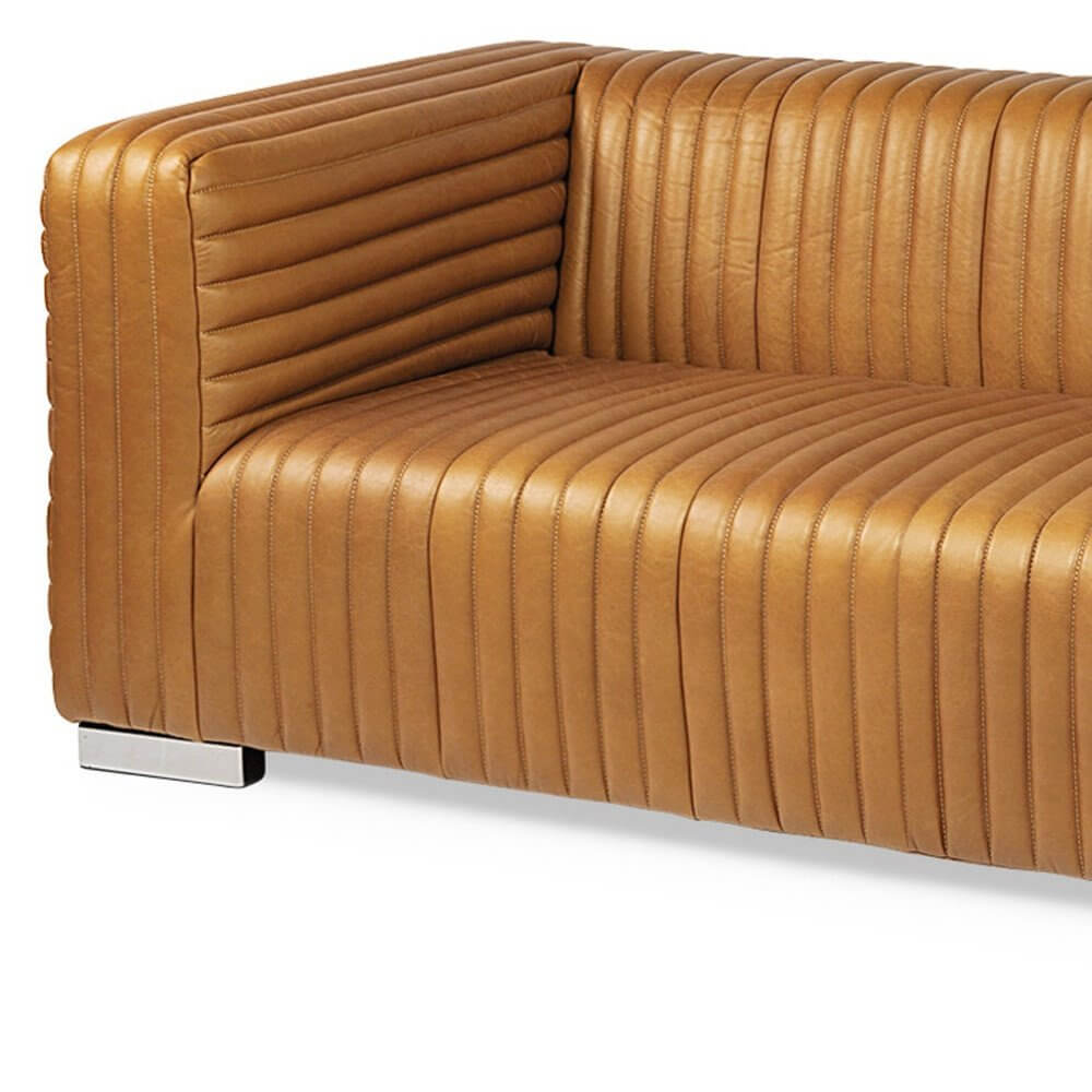 83" Leather Sofa with Solid Wood Frame | Modern Leather Couch (Brn or Blk) - close-up of tan leather texture and design.