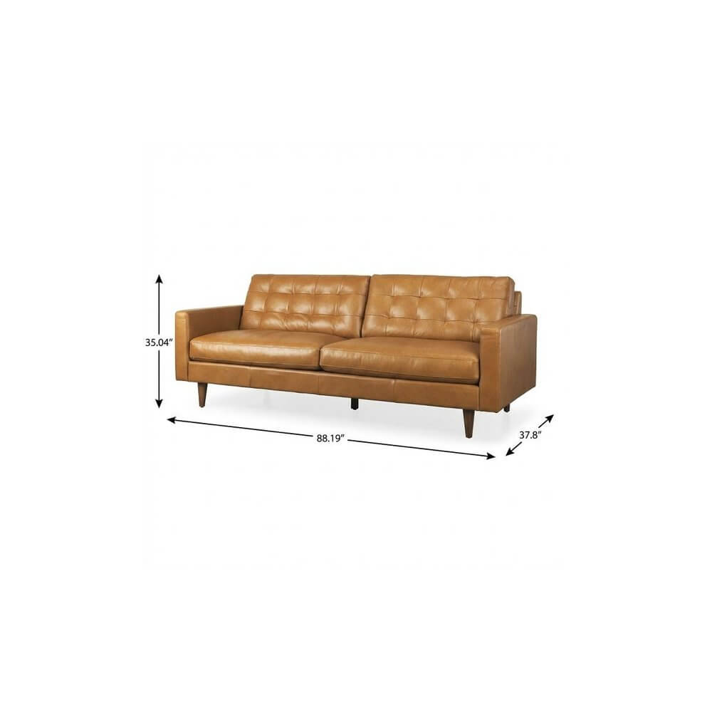 88" Brown Leather Sofa | Modern Leather Couch with Solid Wood Legs dimensions and styling details.