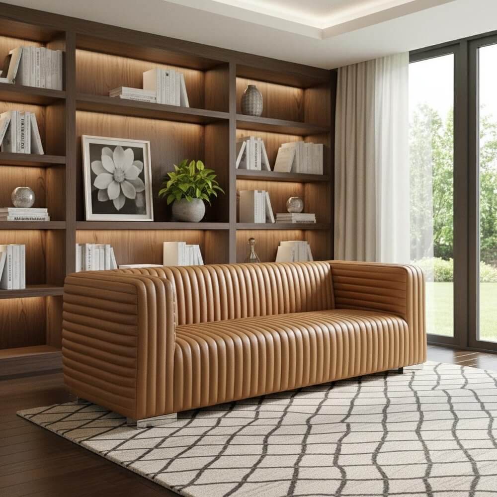 83" Leather Sofa with Solid Wood Frame | Modern Leather Couch (Brn or Blk) in a bright living room setting.