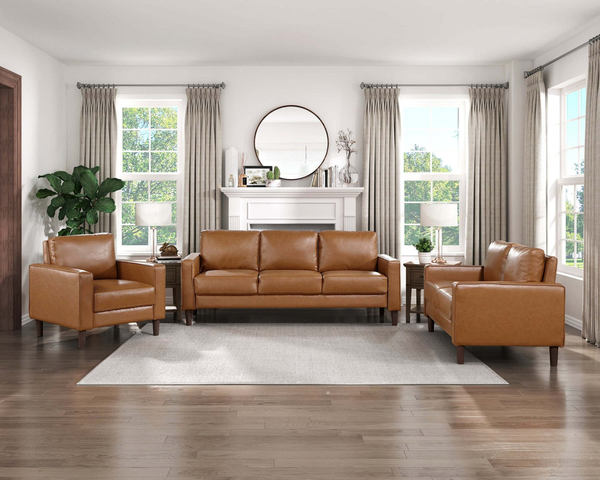 MCM Brown Faux Leather Loveseat 54" – Modern Compact 2-Seat Sofa in a stylish living room setting with natural light.