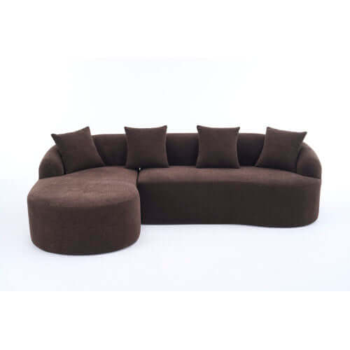 Boneless Modular Chenille Sectional Sofa – 99” Curved Chaise Compression Couch (White) in brown fabric with plush pillows.