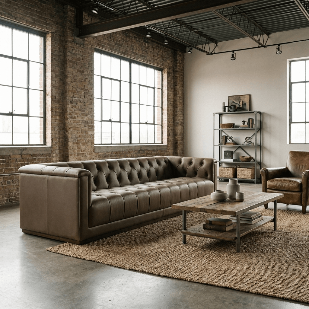83.5" Cool Brown Top Grain Leather Sofa | Modern Rectilinear 3-Seater Sofa in a stylish living room setting.