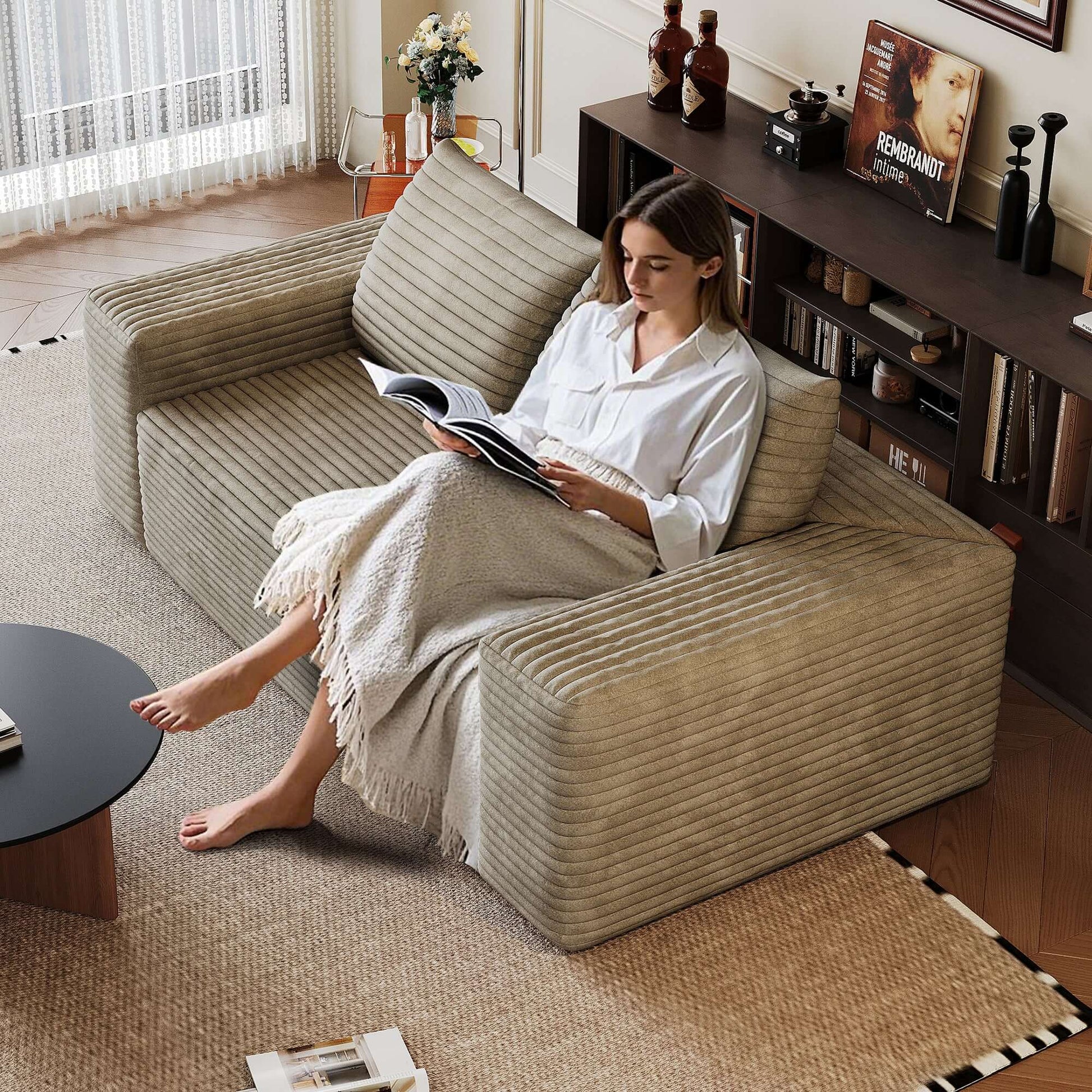 Modern Corduroy Deep Seat Loveseat Sofa – Comfy Couch (4 Colors and 3 Sizes) with woman reading.