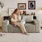 Modern Corduroy Deep Seat Loveseat Sofa – Comfy Couch (4 Colors and 3 Sizes) with a woman using a laptop.