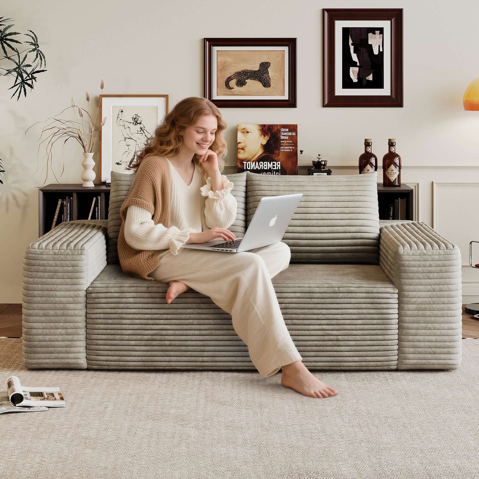 Modern Corduroy Deep Seat Loveseat Sofa – Comfy Couch (4 Colors and 3 Sizes) with a woman using a laptop.