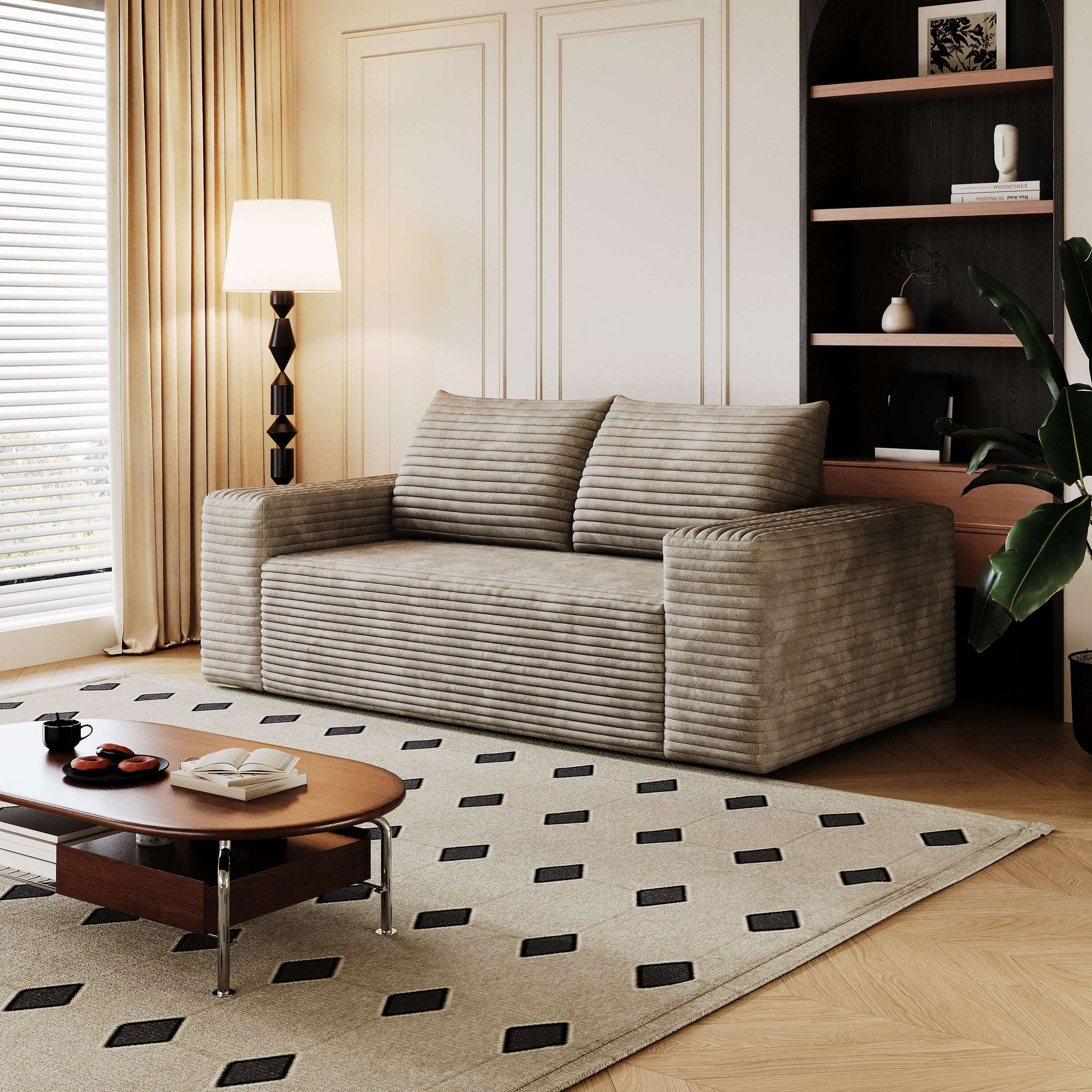 Modern Corduroy Deep Seat Loveseat Sofa – Comfy Couch in stylish living room setting with soft lighting.