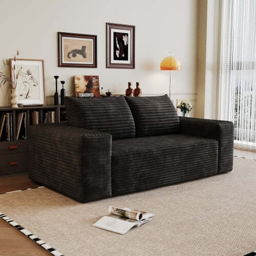Modern Corduroy Deep Seat Loveseat Sofa – Comfy Couch in dark corduroy fabric, stylishly designed for modern interiors.